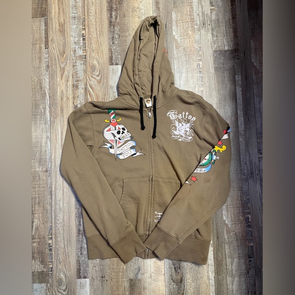 SOLD - Don Ed Hardy hooded sweater 2000s y2k beige graphic hoodie tattoo - Picture 1 of 11